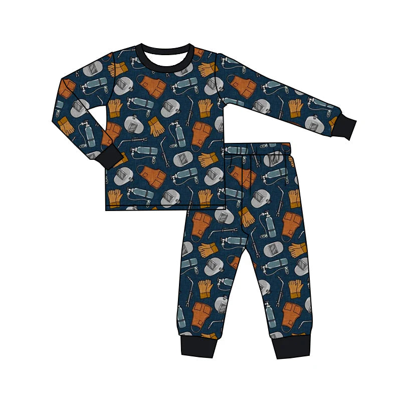 (Custom Design Preorder MOQ 5) Welder Tool Print Boys Fall Pajamas Clothes Set