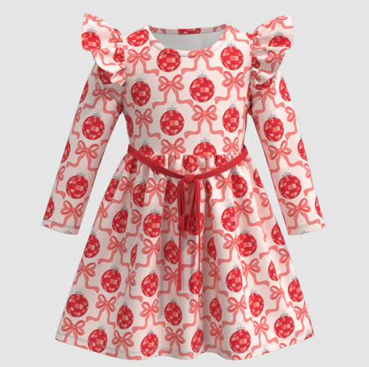 (Custom Design Preorder MOQ 5) Disco Lights Bows Red Print Girls Long Sleeve Knee Length Dress