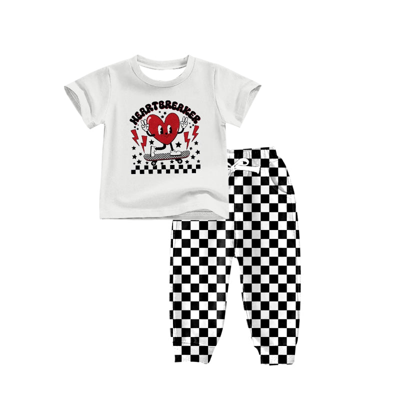 (Custom Design Preorder MOQ 5) Valentine Cute Heart Black Plaid Print Boys Clothes Set