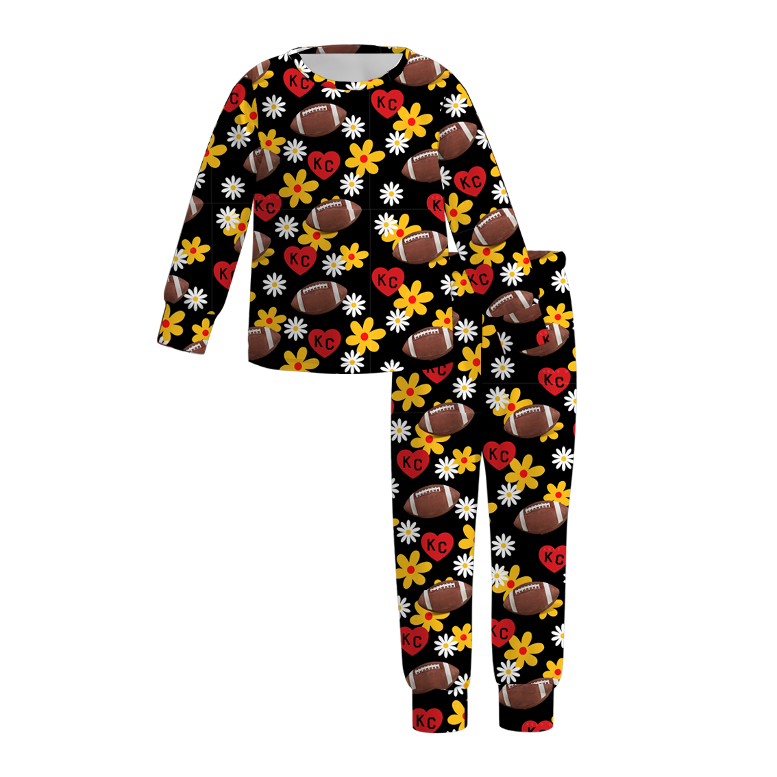 (Custom Design Preorder MOQ 5)  Flowers Football KC Print Girls Fall Pajamas Clothes Set