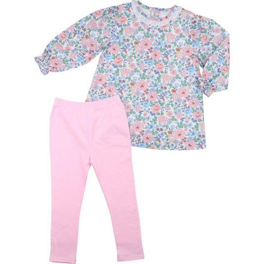 (Custom Design Preorder MOQ 5) Flowers Tunic Top Pink Pants Girls Spring Clothes Set
