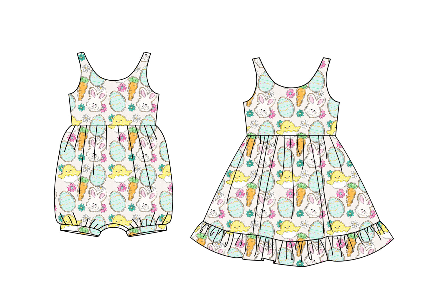 12.9 (Custom Design Preorder MOQ 5 Each Design) Bunny Eggs Flowers Print Girls Easter Matching Clothes Sisters Wear
