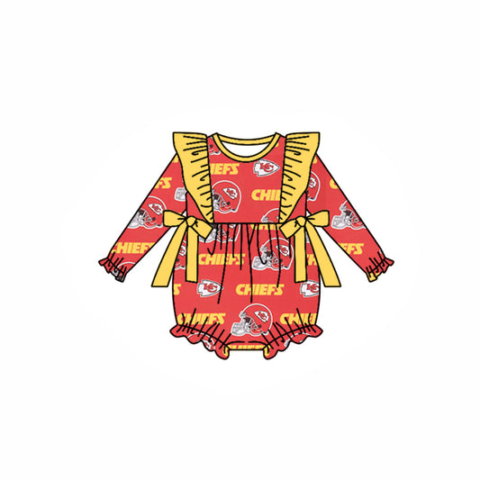 (Custom Design Preorder MOQ 5) Team's KC Red Yellow Print Baby Girls Fall Romper