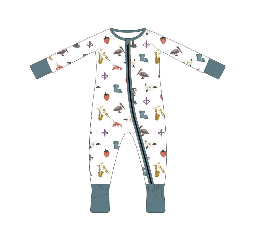 (Custom Design Preorder MOQ 5)  Mardi Gras Print Baby Boys Bamboo Sleeper Zipper Romper