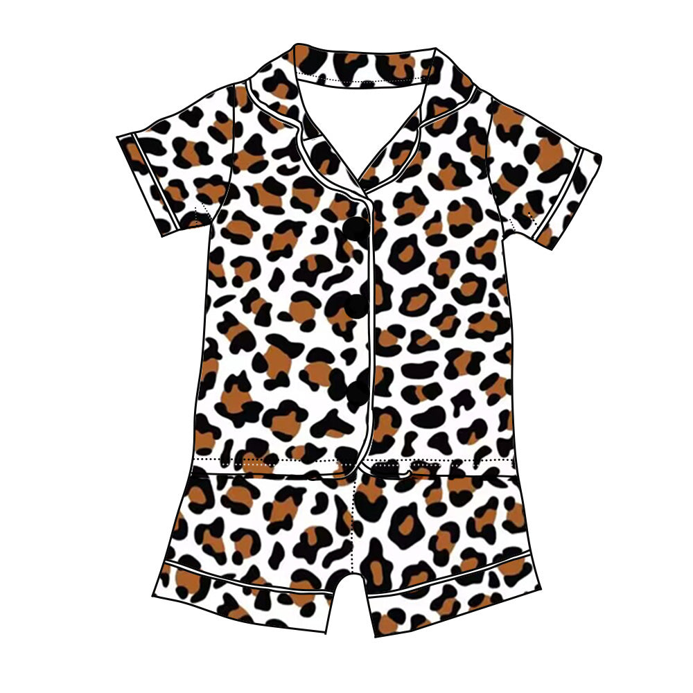 (Custom Design Preorder MOQ 5) Brown Leopard Print Girls Summer Buttons Pajamas Clothes Set
