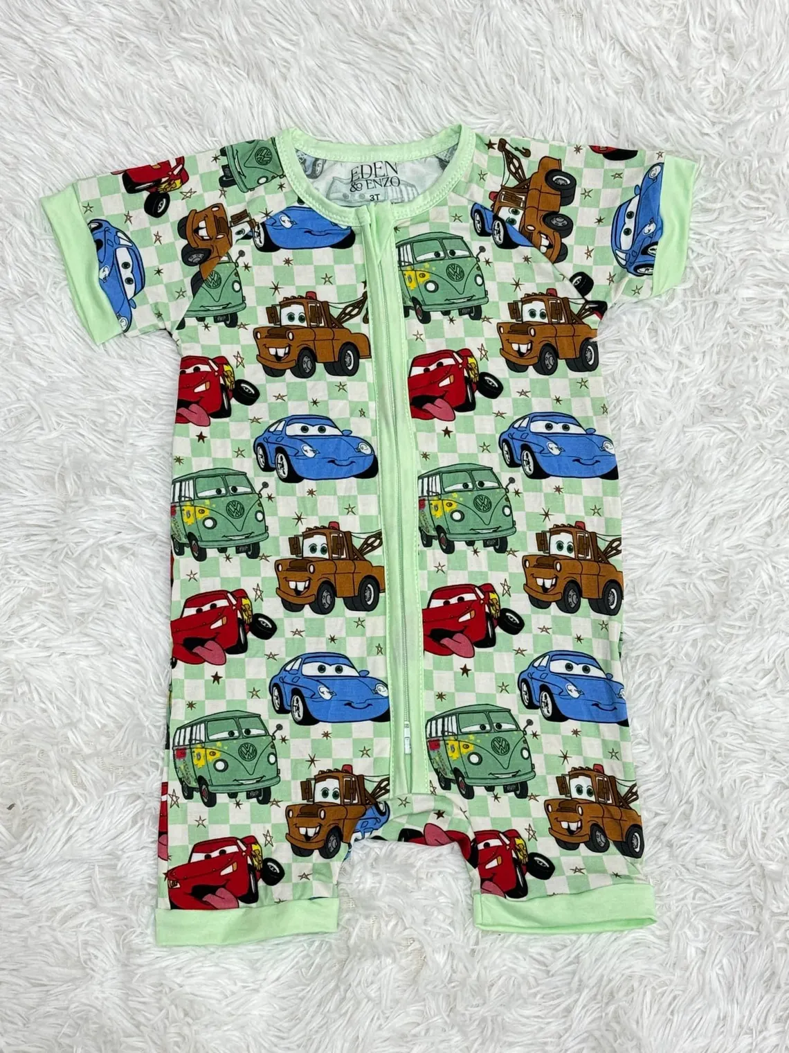 (Custom Design Preorder MOQ 5) Cartoon Cars Plaid Print Baby Summer Sleeper Zipper Romper