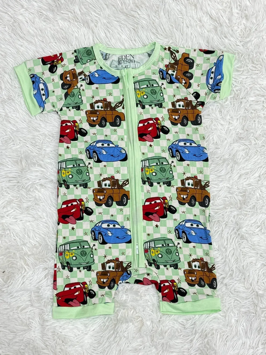(Custom Design Preorder MOQ 5) Cartoon Cars Plaid Print Baby Summer Sleeper Zipper Romper