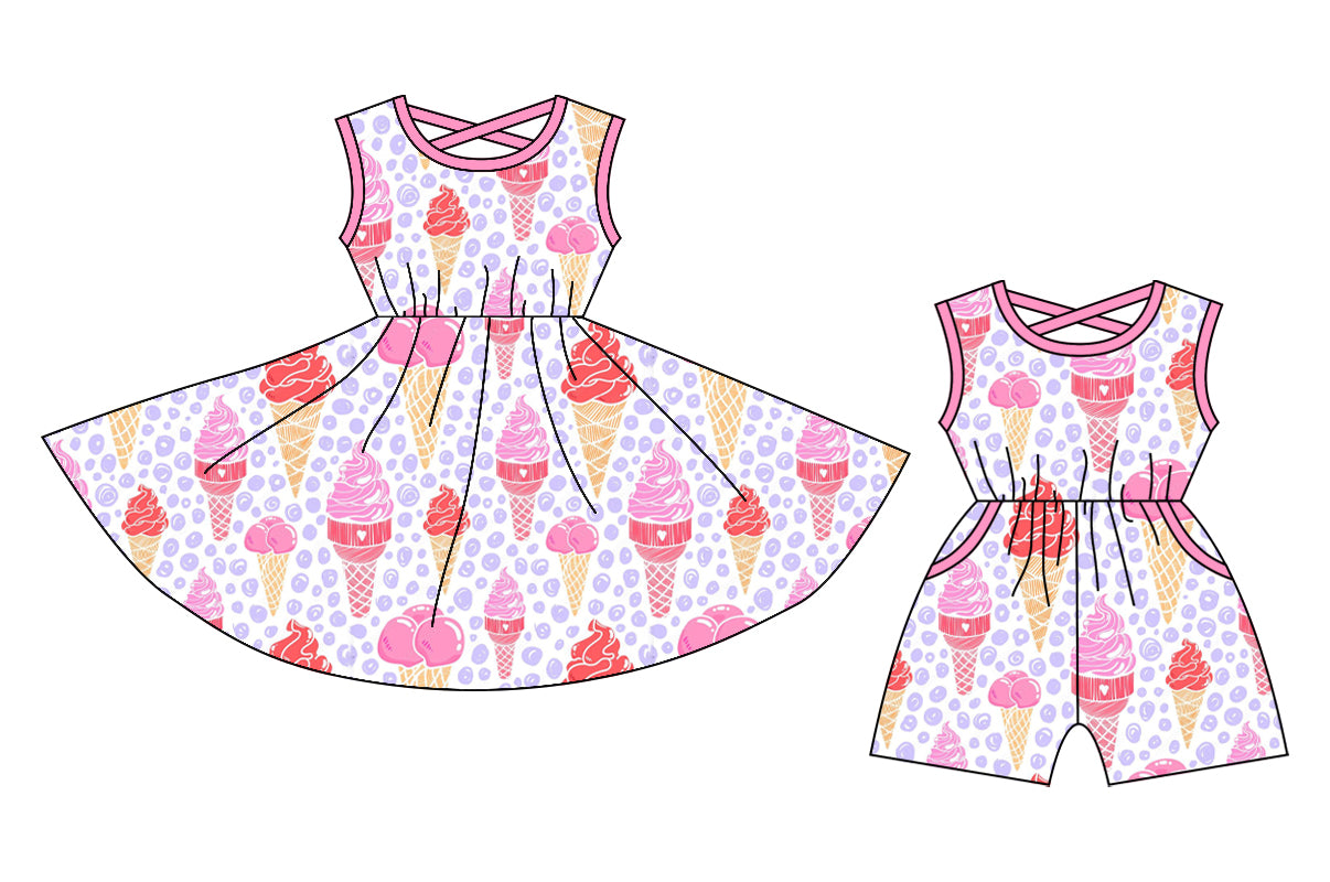 1.4(Custom Design Preorder MOQ 5 Each Design) Pink Ice Cream Print Girls Summer Matching Clothes Sisters Wear