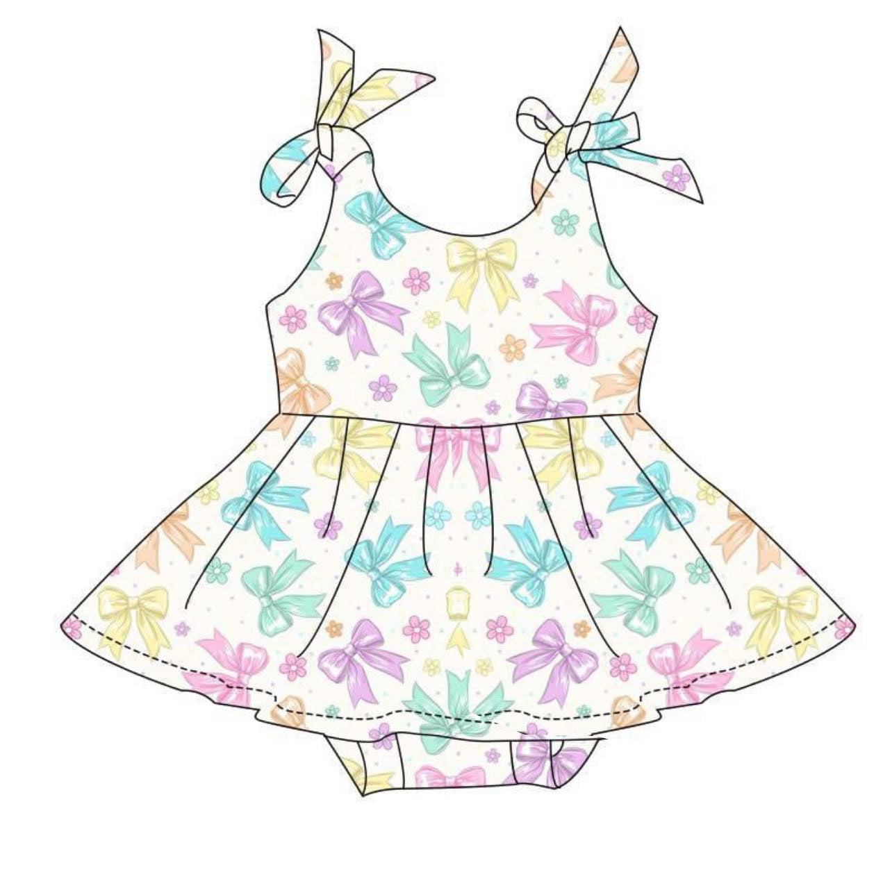(Custom Design Preorder MOQ 5) Colorful Bows Print Baby Girls Summer Romper