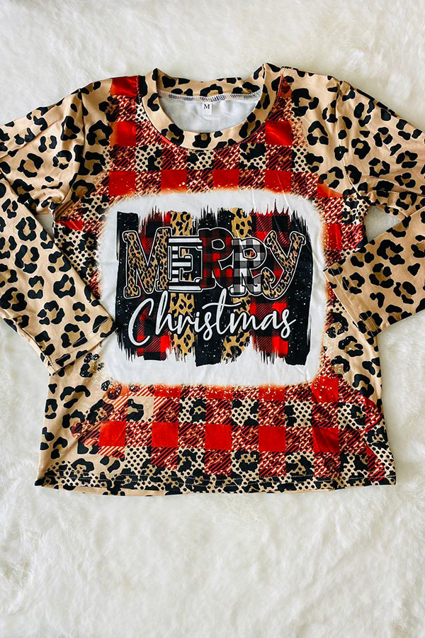 (Custom Design Preorder MOQ 5) Merry Christmas Leopard Print Girls Christmas Tee Shirts Top