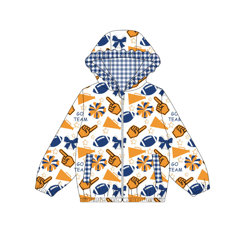 (Custom Design Preorder MOQ 5) Orange Blue Go Team Cheer Bows Print Pockets Girls Long Sleeve Zipper Jackets Top