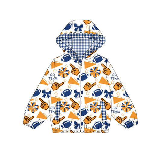 (Custom Design Preorder MOQ 5) Orange Blue Go Team Cheer Bows Print Pockets Girls Long Sleeve Zipper Jackets Top