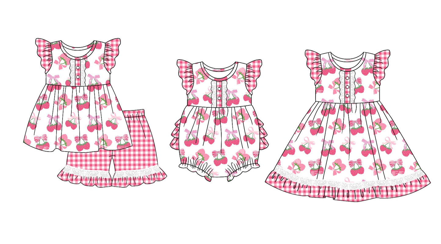 11.9(Custom Design Preorder MOQ 5 Each Design) Strawberry Bows Plaid Print Girls Summer Matching Clothes Set Sisters Wear