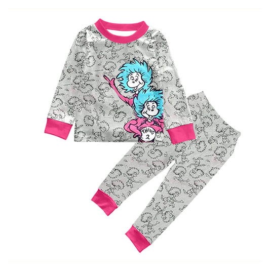 (Custom Design MOQ 5) Grey Dr.Reading Print Girls Pajamas Clothes Set