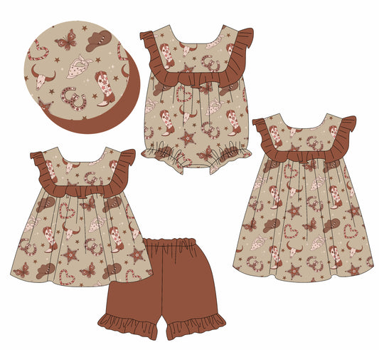 4.1(Custom Design Preorder MOQ 5 Each Design) Boots Stars Brown Print Girls Summer Matching Clothes Sisters Wear
