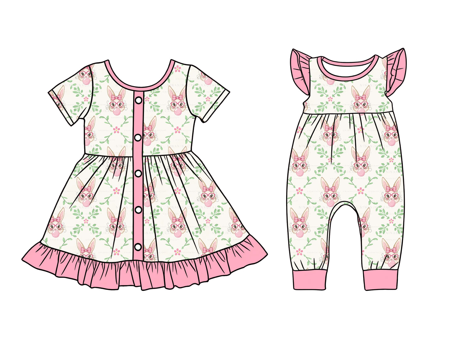 12.10 (Custom Design Preorder MOQ 5 Each Design) Bunny Flowers Print Girls Easter Matching Clothes Sisters Wear