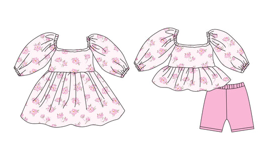 12.8 (Custom Design Preorder MOQ 5 Each Design) Pink Flowers Print Girls Summer Matching Clothes Sisters Wear