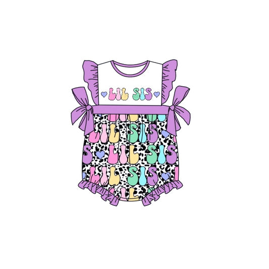 (Custom Design Preorder MOQ 5) LIL SIS Purple Print Baby Girls Summer Romper