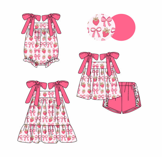9.10 (Custom Design Preorder MOQ 5 Each Design) Strawberry Bows Pink Print Girls Summer Matching Clothes Sisters Wear