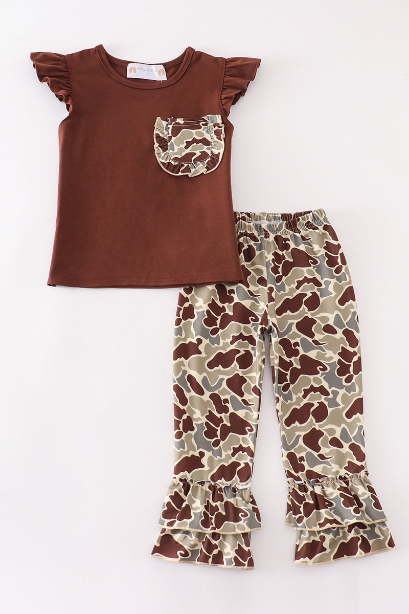 (Custom Design Preorder MOQ 5) Brown Pocket Top Camo Pants Girls Clothes Set