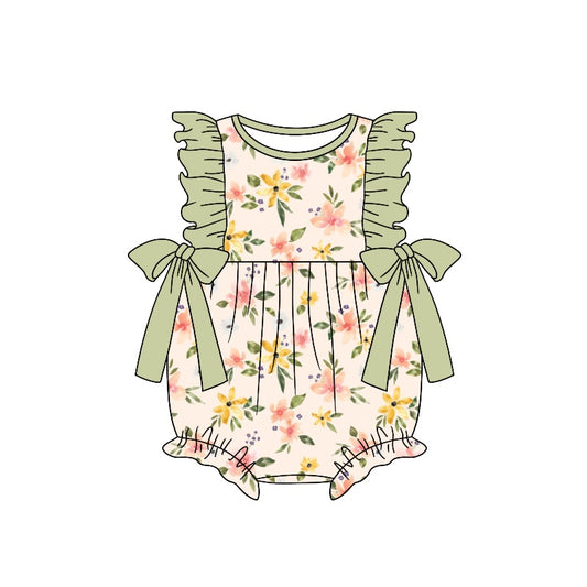 (Custom Design Preorder MOQ 5) Green Flowers Print Baby Girls Summer Romper