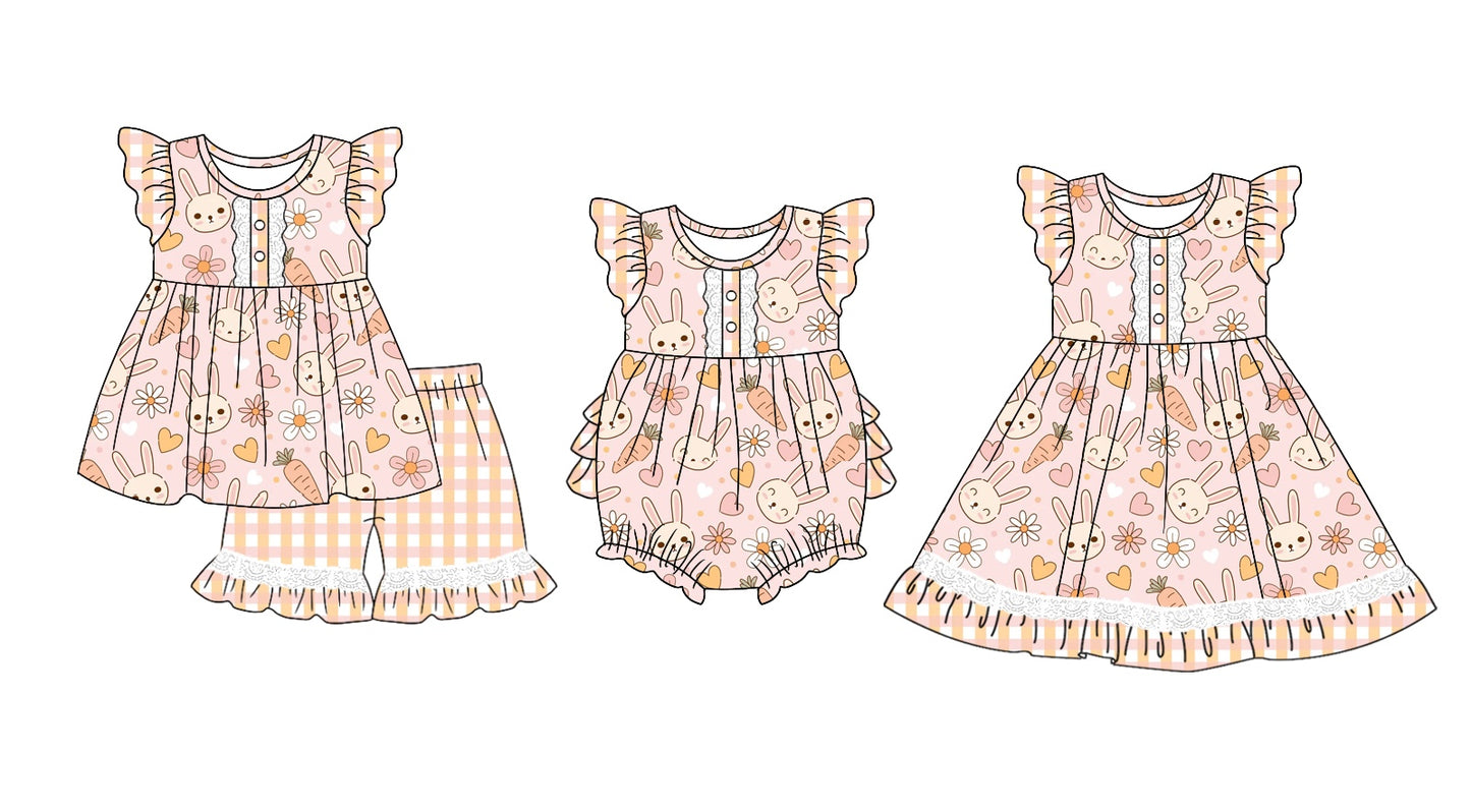 11.4(Custom Design Preorder MOQ 5 Each Design) Heart Bunny Flowers Print Girls Easter Matching Clothes Set Sisters Wear