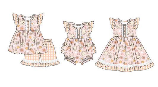 11.4(Custom Design Preorder MOQ 5 Each Design) Heart Bunny Flowers Print Girls Easter Matching Clothes Set Sisters Wear