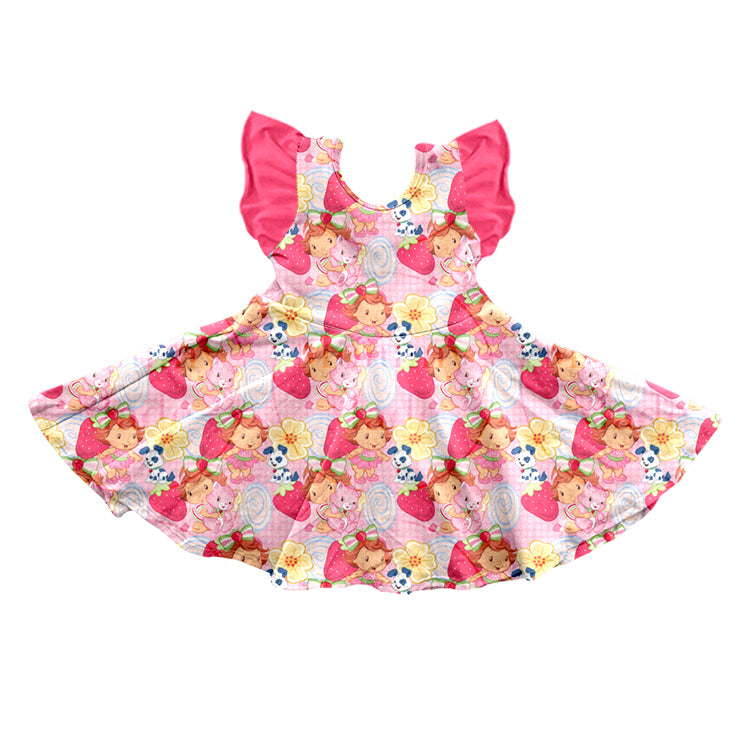 (Custom Design MOQ 5) Cute Pink Strawberry Print Girls Knee Length Dress