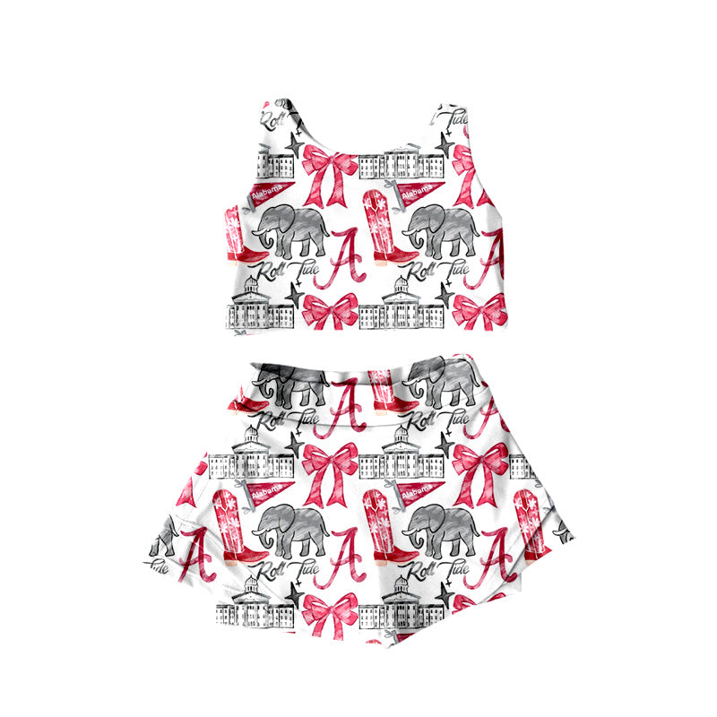 (Custom Design Preorder MOQ 5) Team's Elephant A Bows Print Shorts Skirts Girls Summer Yoga Clothes Set