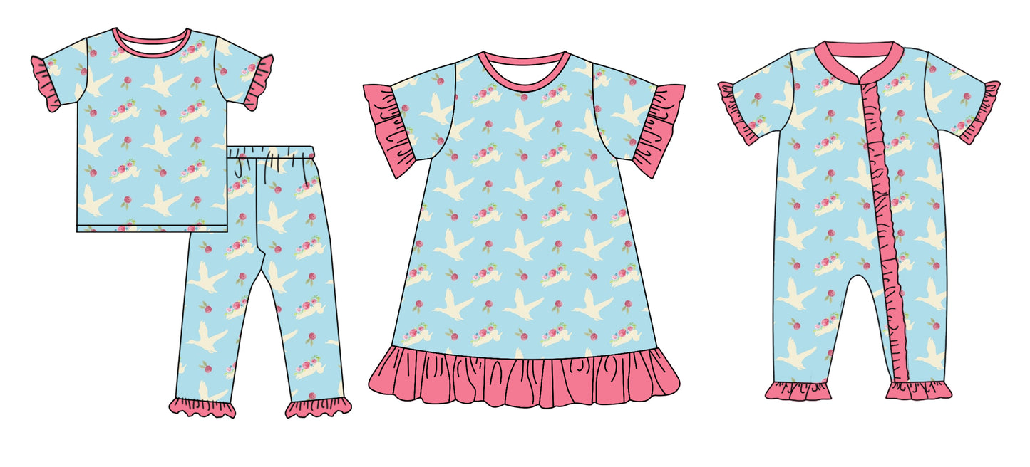 11.28(Custom Design Preorder MOQ 5 Each Design) Duck Flowers Print Girls Matching Clothes Sisters Wear
