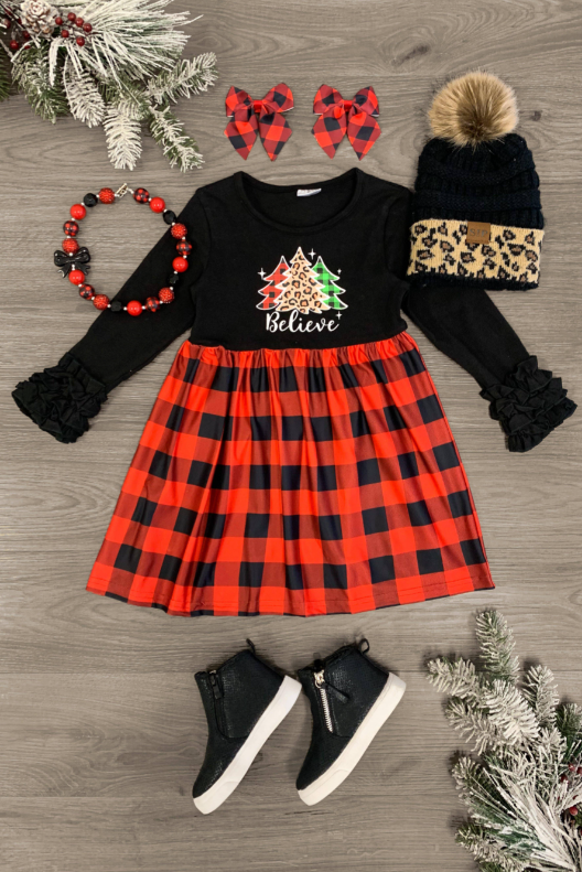 (Custom Design MOQ 5) Believe Christmas Tree Knee Length Dress