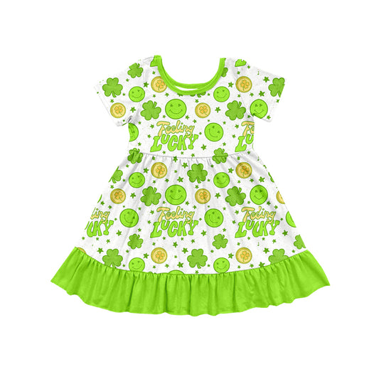 (Custom Design Preorder MOQ 5) Lucky Smiling Stars Print Girls St. Patrick's Day Knee Length Dress