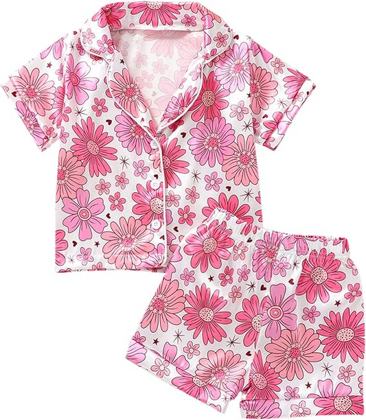 (Custom Design Preorder MOQ 5)  Pink Flowers Print Girls Summer Pajamas Clothes Set