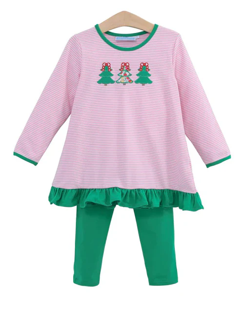 (Custom Design Preorder MOQ 5) Christmas Tree Pink Stripes Tunic Top Green Pants Girls Clothes Set