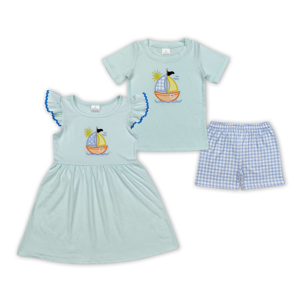 Sailboat Embroidery Sibling Summer Matching Clothes