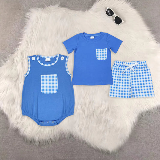 Blue Plaid Print Brothers Summer Matching Clothes