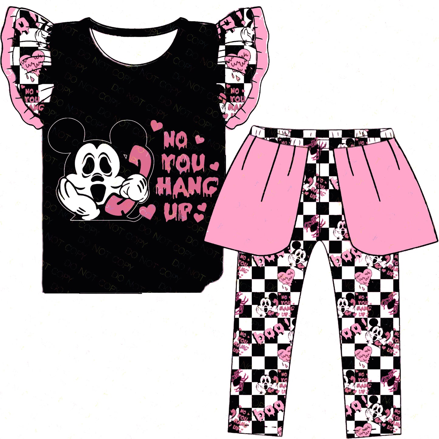 (Custom Design Preorder MOQ 5) Cartoon Mouse Print Top Plaid Pants Girls Halloween Clothes Set