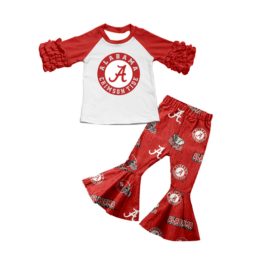 (Custom Design MOQ 5)Wine Football Team's A Print Bell Pants Girls Clothes Set