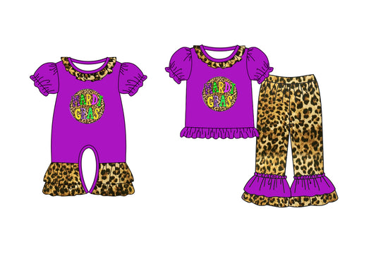 12.7(Custom Design Preorder MOQ 5 Each Design) Purple Leopard Print Girls Mardi Gras Matching Clothes Sisters Wear