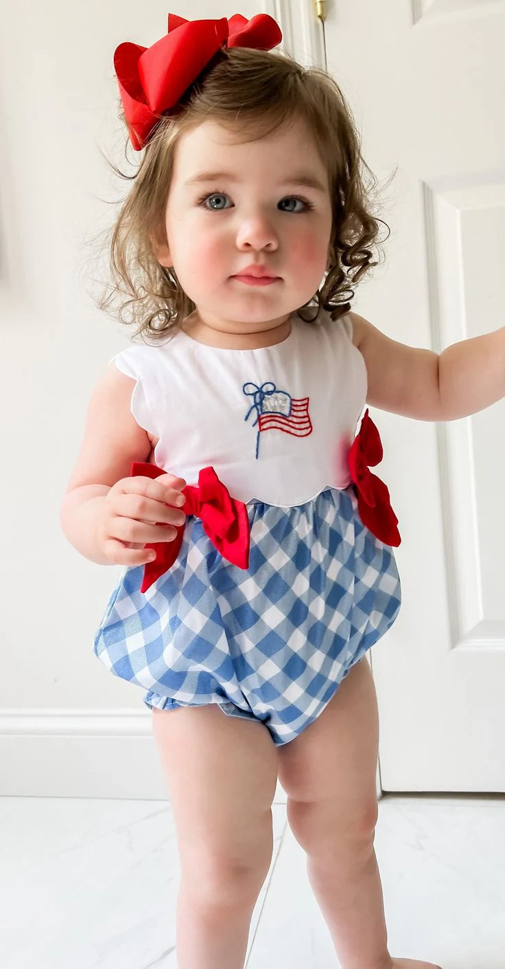 (Custom Design Preorder MOQ 5) Flag Blue Plaid Print Baby Girls 4th of July Bubble Romper