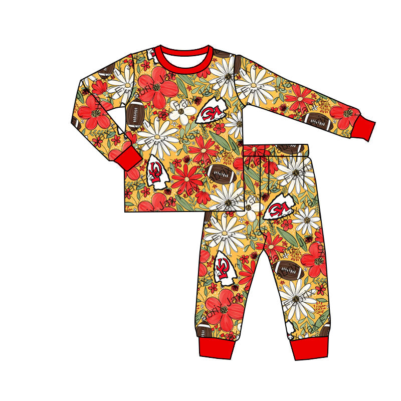 (Custom Design Preorder MOQ 5) Team's KC Football Flowers Print Girls Fall Pajamas Clothes Set