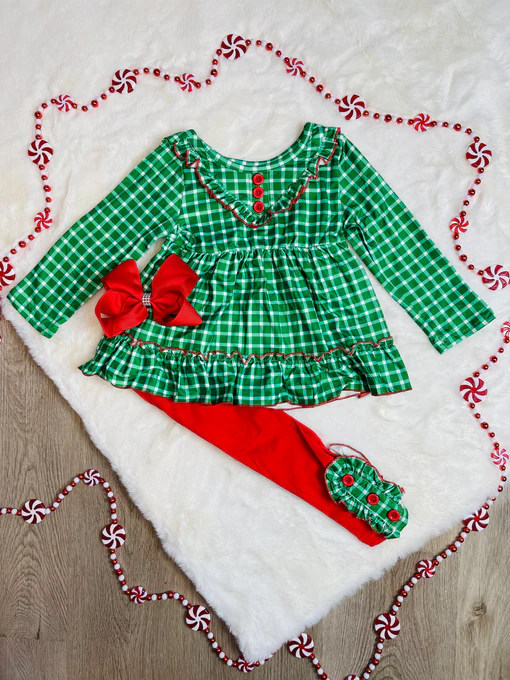 (Custom Design Preorder MOQ 5) Green Plaid Tunic Top Red Pants Girls Christmas Clothes Set