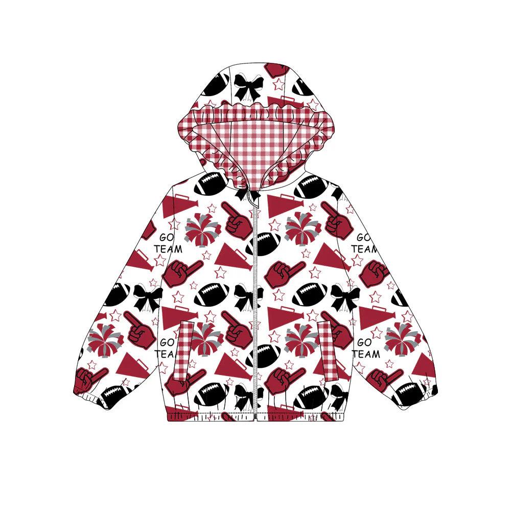 (Custom Design Preorder MOQ 5) Wine Black Go Team Cheer Bows Print Pockets Girls Long Sleeve Zipper Jackets Top
