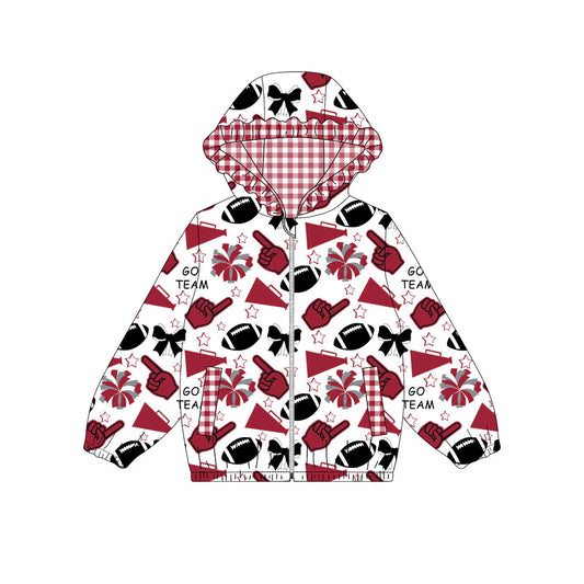 (Custom Design Preorder MOQ 5) Wine Black Go Team Cheer Bows Print Pockets Girls Long Sleeve Zipper Jackets Top