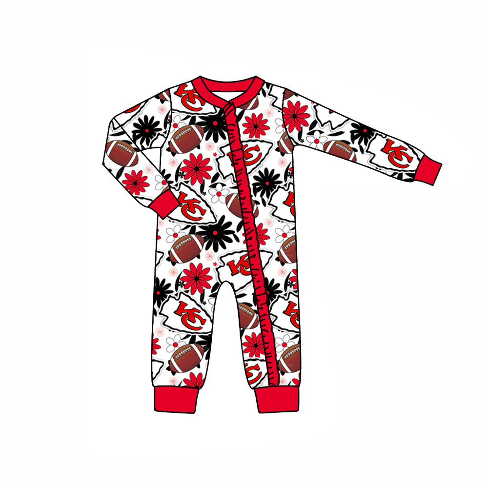 (Custom Design Preorder MOQ 5)  Team's KC Flowers Print Baby Girls Fall Sleeper Zipper Romper