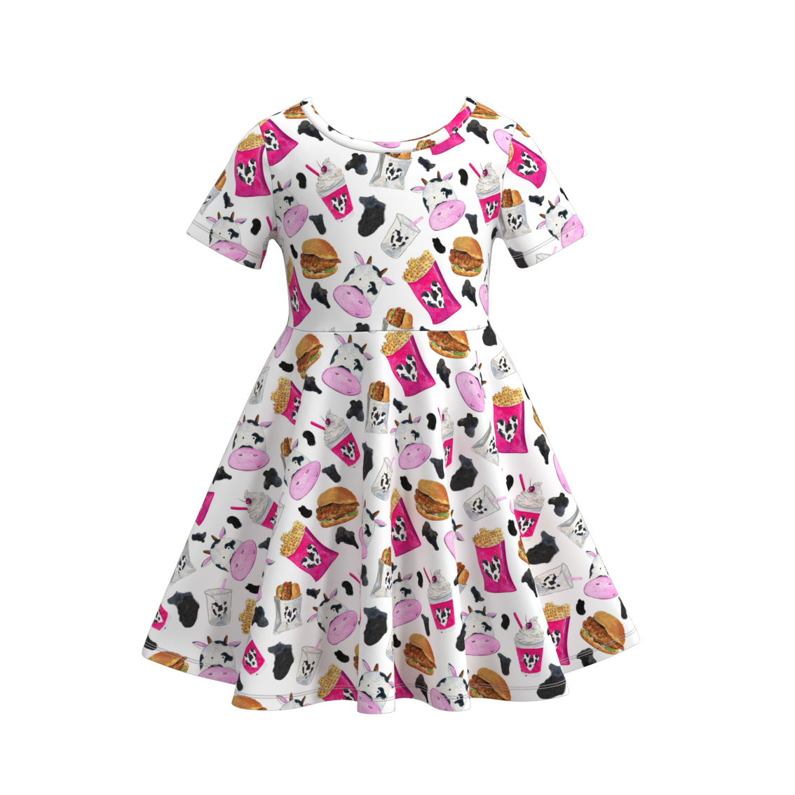 (Custom Design Preorder MOQ 5) Hamburger Cow Print Girls Knee Length Summer Dress