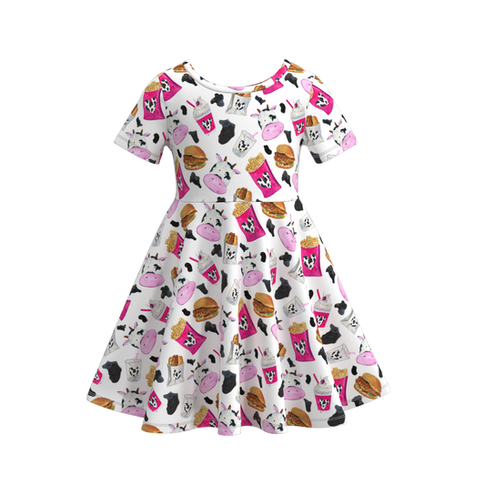 (Custom Design Preorder MOQ 5) Hamburger Cow Print Girls Knee Length Summer Dress