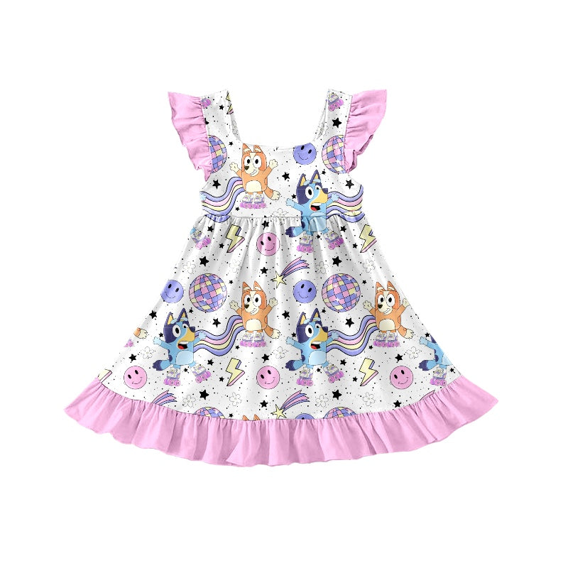 (Custom Design Preorder MOQ 5) Cartoon Dog Disco Print Girls Knee Length Summer Dress