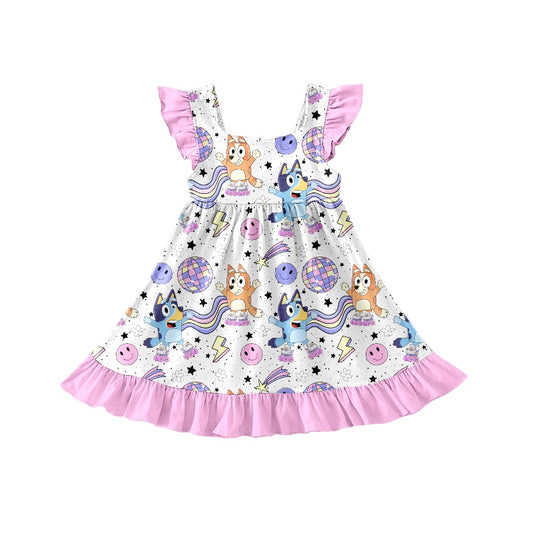 (Custom Design Preorder MOQ 5) Cartoon Dog Disco Print Girls Knee Length Summer Dress
