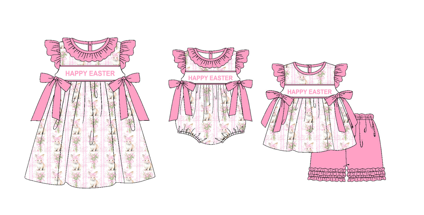 11.20(Custom Design Preorder MOQ 5 Each Design) Happy Easter Bunny Print Girls Matching Clothes Sisters Wear